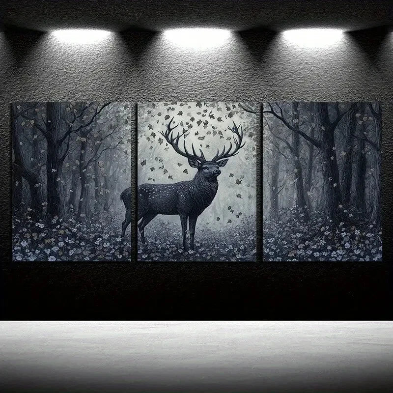 3pcs Leaves Falling on the Forest Deer Dark Theme Metal Print Ready to Hang Art - Bella Home Decor