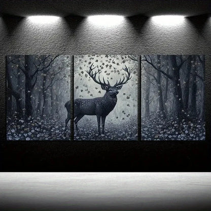 3pcs Leaves Falling on the Forest Deer Dark Theme Metal Print Ready to Hang Art - Bella Home Decor