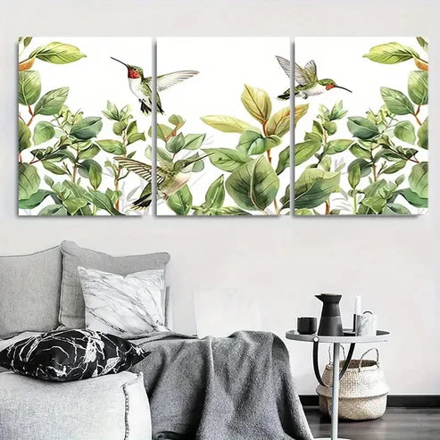 3pcs Green Leaves & Colorful Hummingbirds Wall Art Canvas Unframed - High Quality Print 100% Australian Made Wall Canvas