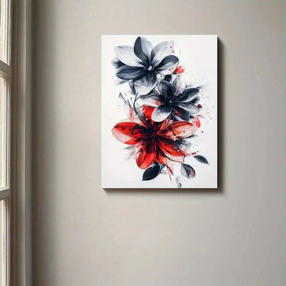 Floral painting with red and black flowers on a white background, hanging on a wall.