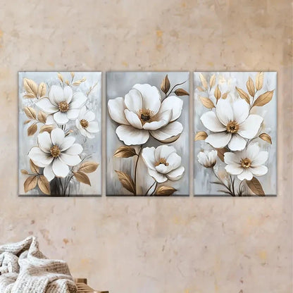 3pcs white flowers with gold leaves on a gray Wall Art Set Canvas Framed 60x90cm - High Quality Print 100% Australian Made Wall Canvas Ready to Hang - Bella Home Decor