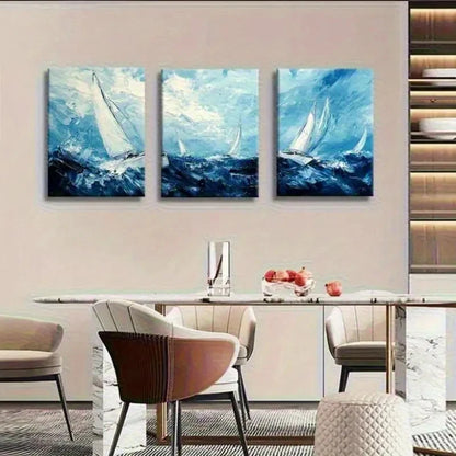 3pcs Blue & White Coastal Abstract Seascape Metal Print Ready to Hang Art - Bella Home Decor