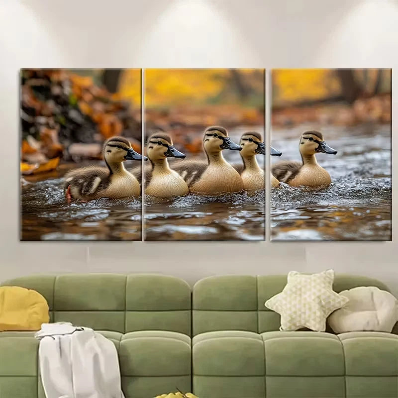 3pcs Family of Ducks Swimming in the Woods Metal Print Ready to Hang Art