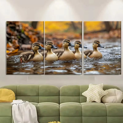 3pcs Family of Ducks Swimming in the Woods Metal Print Ready to Hang Art