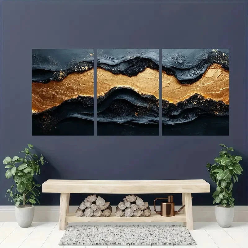 3pcs Modern Abstract Black & Golden Textured Metal Print Ready to Hang Art - Bella Home Decor
