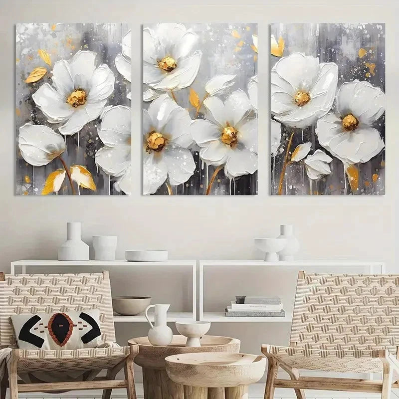3pcs Painting White Flowers Wall Art Metal Print Ready to Hang Art - Bella Home Decor