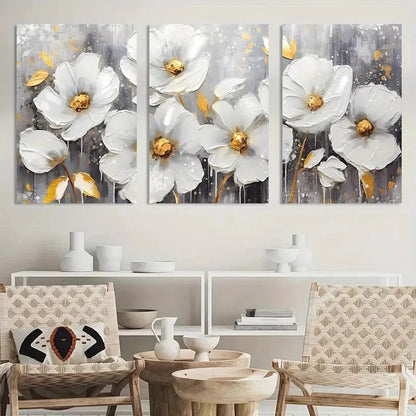 3pcs Painting White Flowers Wall Art Metal Print Ready to Hang Art - Bella Home Decor