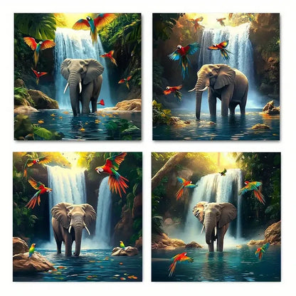 4pcs Elephant waterfall birdWall Art Canvas Framed