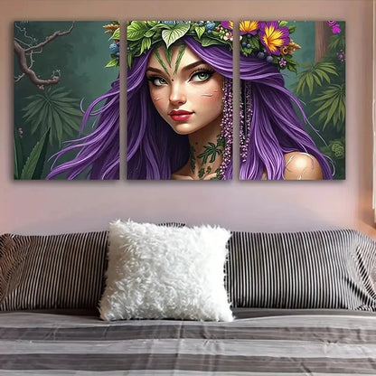 3pcs Purple-Haired Woman With Floral Design Wall Art Set Canvas Framed 50x70cm - High Quality Print 100% Australian Made Wall Canvas Ready to Hang