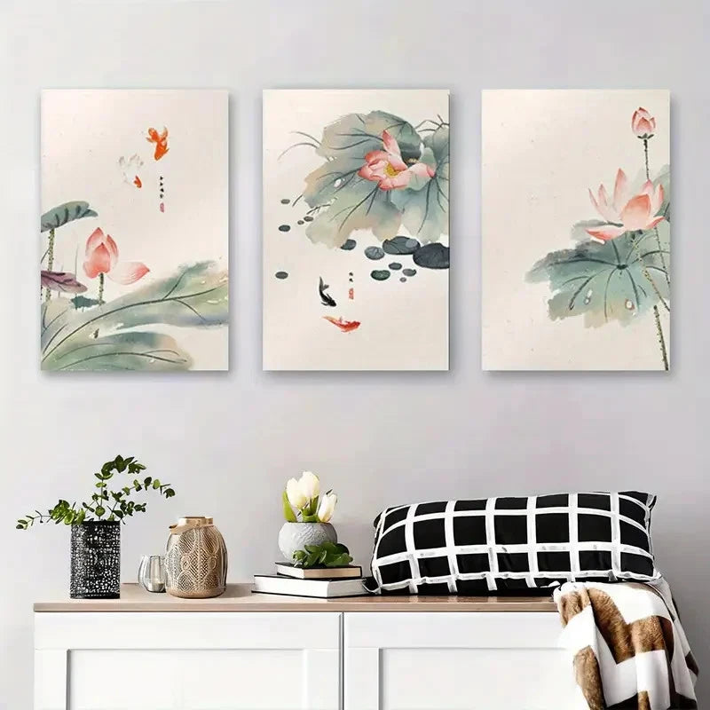 3pcs Watercolor for Lotus Flower Painting Metal Print Ready to Hang Art