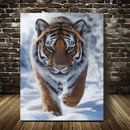 Beautiful Contemporary Tiger in Snow Painting 40x60cm Metal Print Ready to Hang - Bella Home Decor