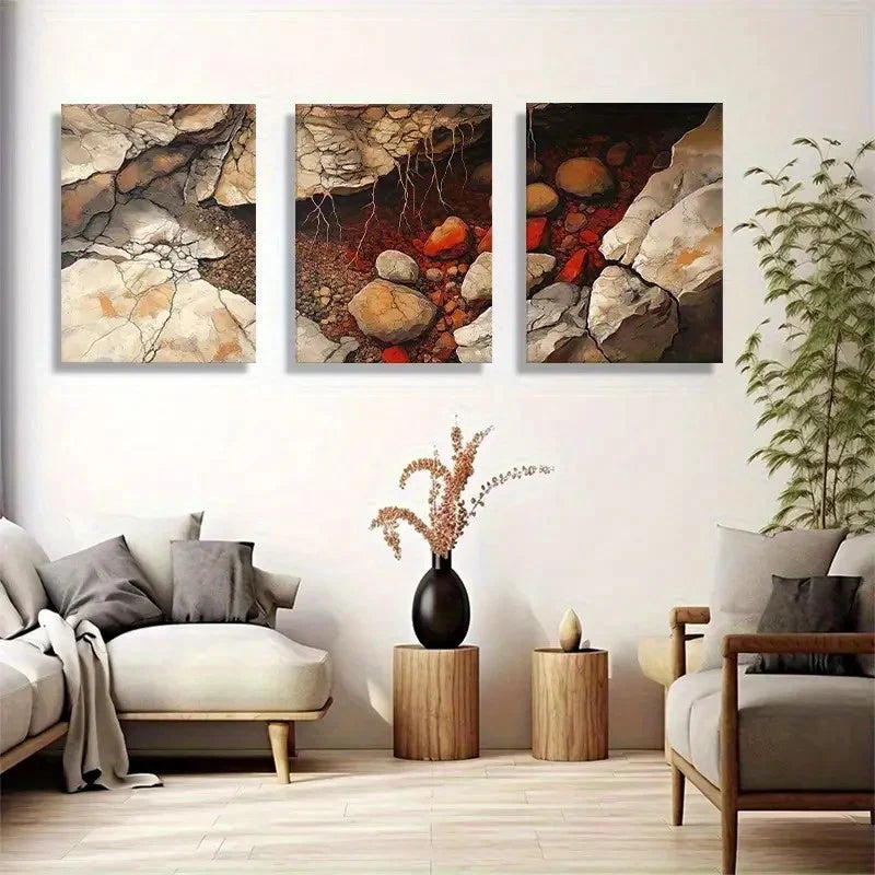 3pcs Abstract Riverbed Rock Soil Tones Wall Art Metal Print Ready to Hang Art - Bella Home Decor