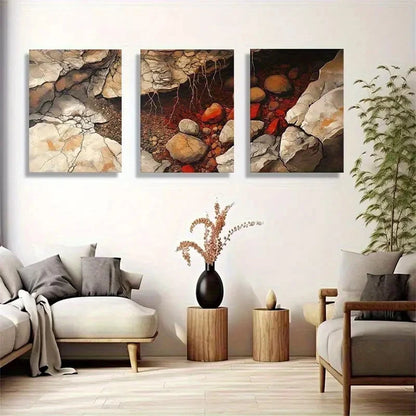 3pcs Abstract Riverbed Rock Soil Tones Wall Art Metal Print Ready to Hang Art - Bella Home Decor