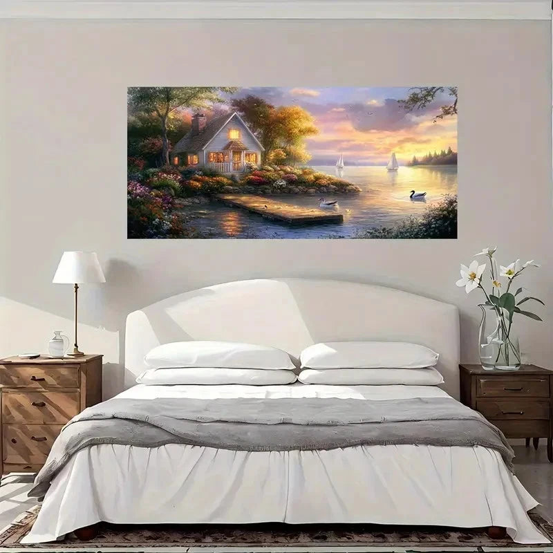 Lakeside Cottage Sunset Scene Wall Art Canvas Office Home Room Framed 120x60cm