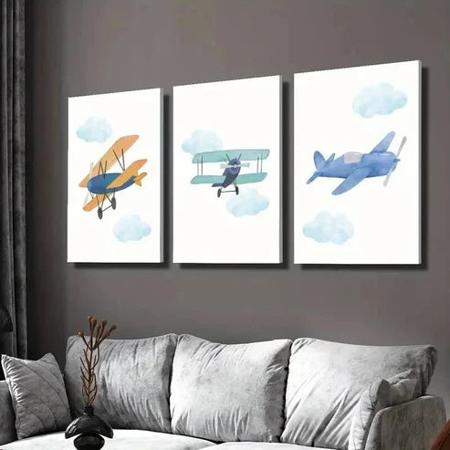 3pcs Blue & Green Cartoon Plane Wall Art Canvas Unframed - High Quality Print 100% Australian Made Wall Canvas