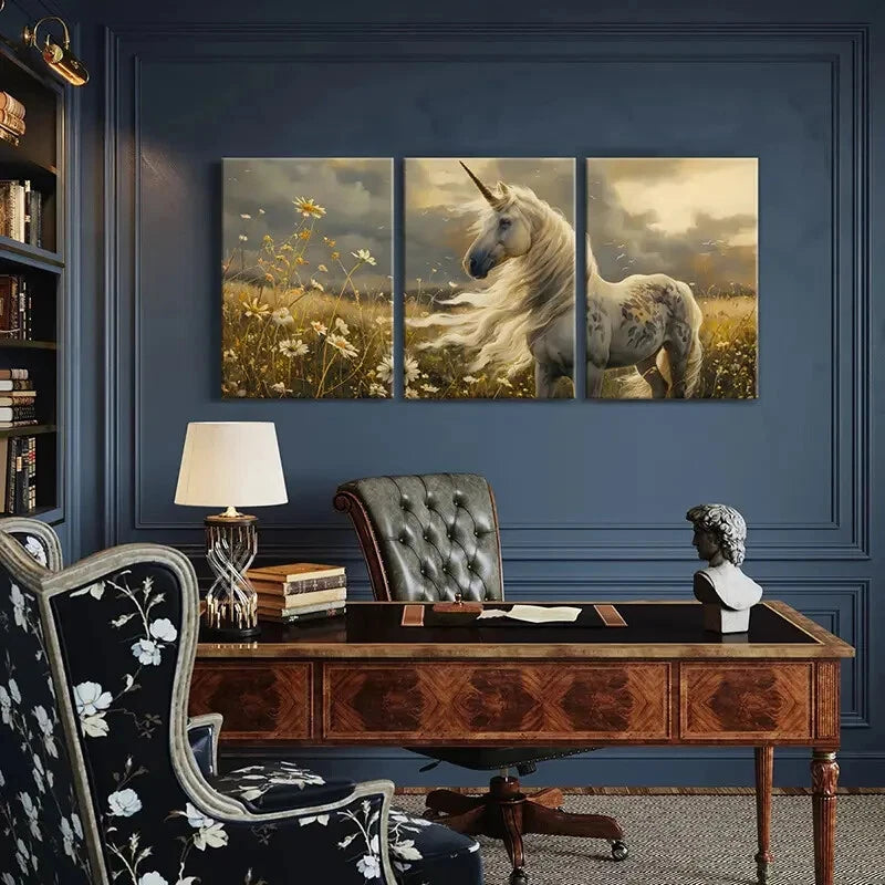 3pcs White Horse with Golden Mane Cloudy Sky Metal Print Ready to Hang Art - Bella Home Decor