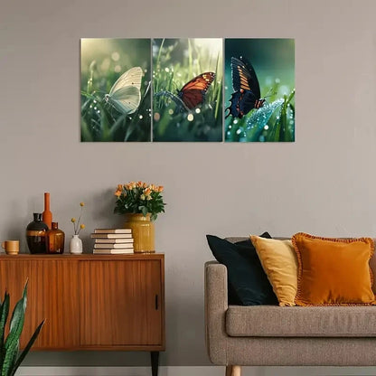 3pcs Vintage Butterfly with Dewy Morning Scenes Metal Print Ready to Hang Art - Bella Home Decor