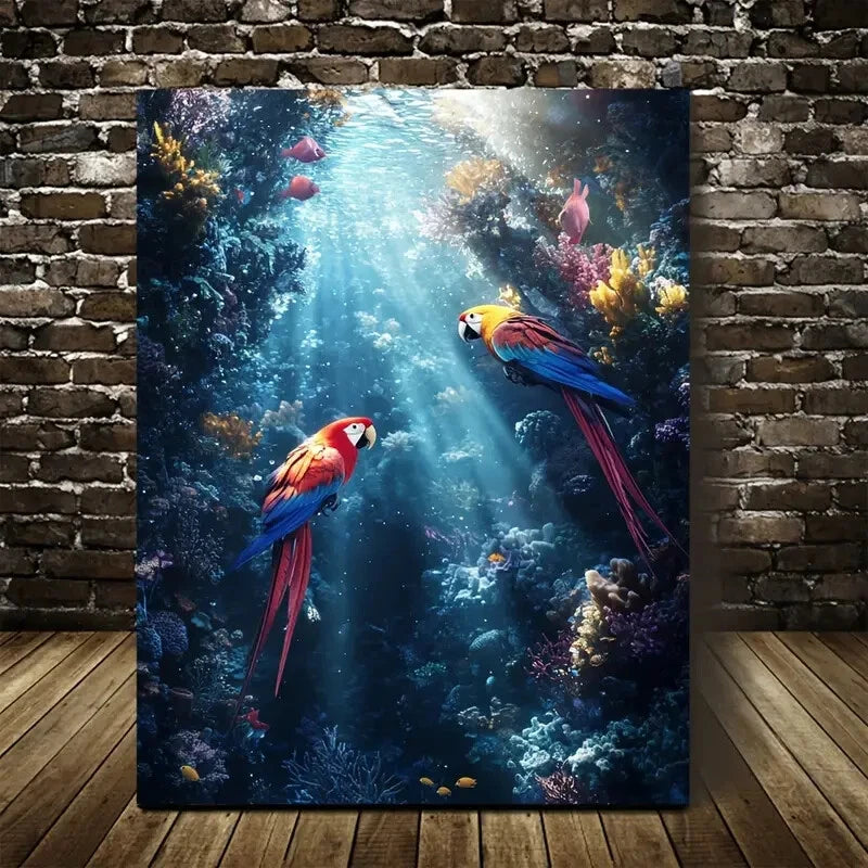 Colorful Coral Reef Scene Sunbeams Parrot Painting 40x60cm Metal Print Ready to Hang