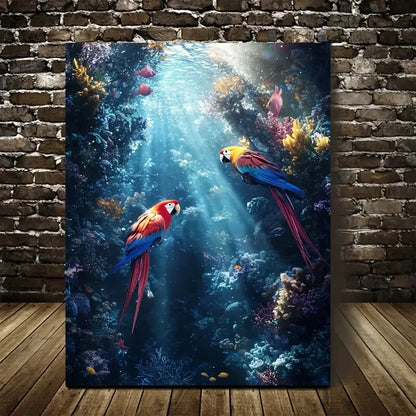 Colorful Coral Reef Scene Sunbeams Parrot Painting 40x60cm Metal Print Ready to Hang
