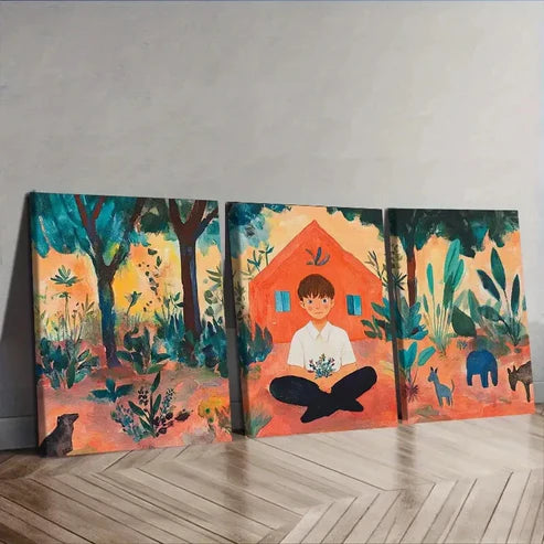 3pcs Vibrant Boy & Wildlife Scenes Wall Art Canvas Unframed - High Quality Print 100% Australian Made Wall Canvas