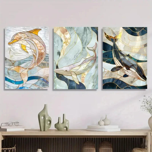 3pcs Dolphin Stained Glass Close Up Metal Print Ready to Hang Art