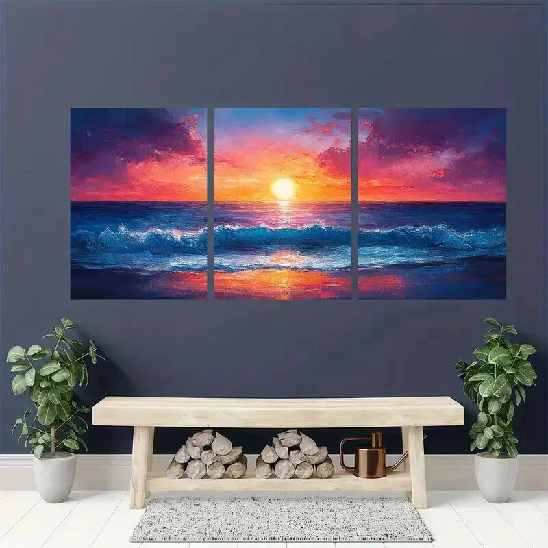3pcs Vibrant Abstract Seascape & Fiery Sky Metal Print Ready to Hang Art - Bella Home Decor