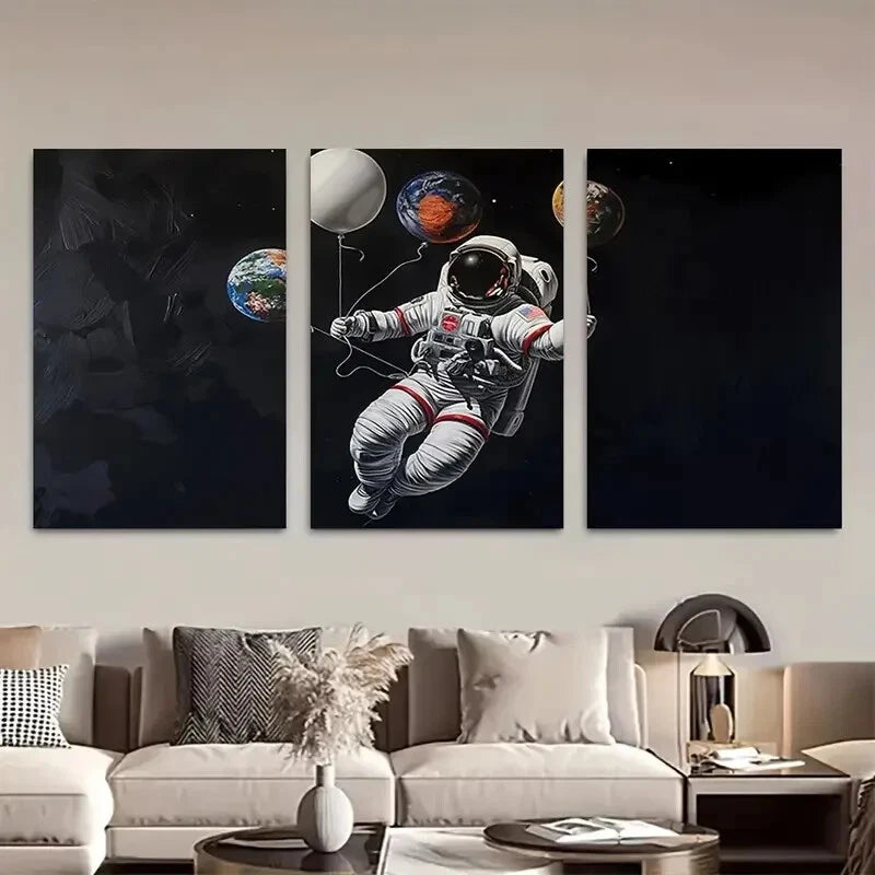 3pcs Floating Astronaut in Space with Planets Metal Print Ready to Hang Art