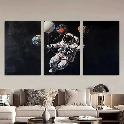 3pcs Floating Astronaut in Space with Planets Metal Print Ready to Hang Art