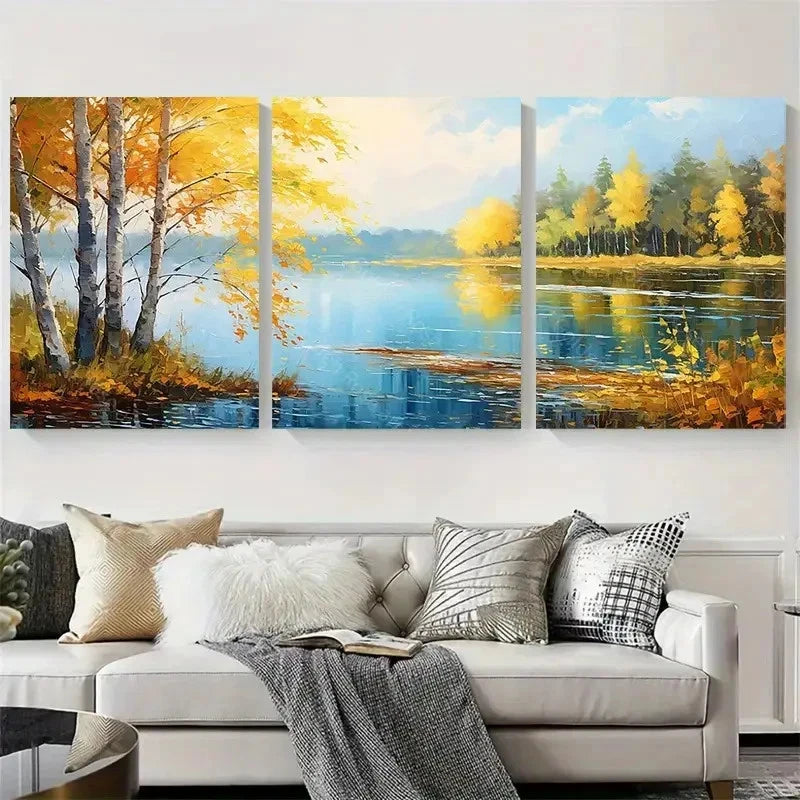 3pcs Autumn Reflections Golden Birch Trees Wall Art Set Canvas Framed 60x90cm - High Quality Print 100% Australian Made Wall Canvas Ready to Hang