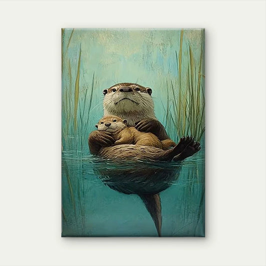 Serene Otter & Cub Oil Painting 60x90cm Metal Print Ready to Hang