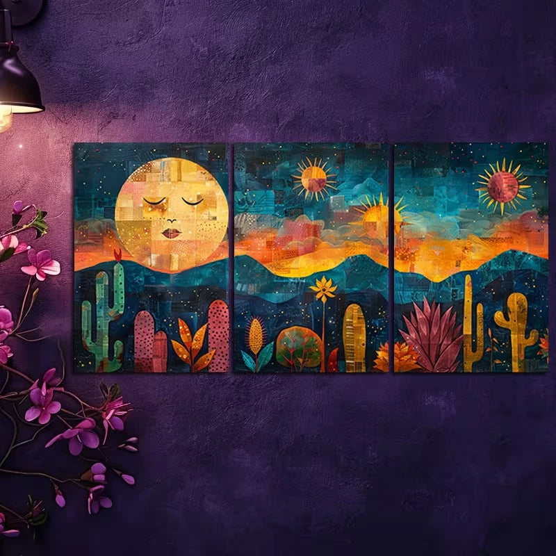 3pcs Whimsical Moon, Sun, Cacti & Floral Design Wall Art Set Canvas Framed 60x90cm - High Quality Print 100% Australian Made Wall Canvas Ready to Hang