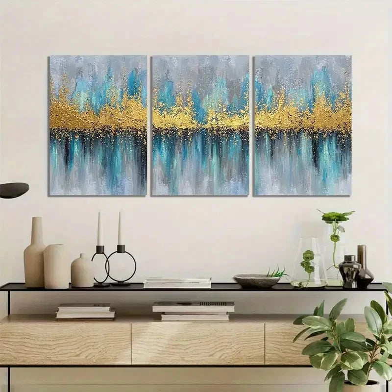 3pcs Golden Glow Blue & Turquoise Abstract Metal Print Ready to Hang Art - Bella Home Decor