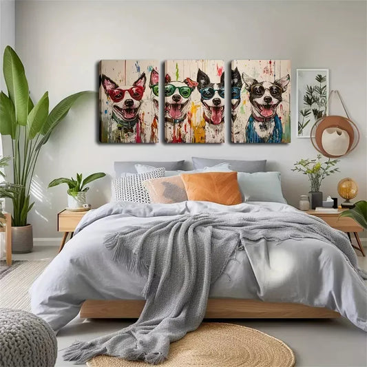 3pcs Four Dogs Wearing Glasses Wall Art Set Canvas Framed 40x60cm - High Quality Print 100% Australian Made Wall Canvas Ready to Hang