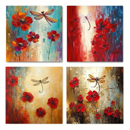 4pcs Dragonfly Floral Oils Wall Art Canvas Framed