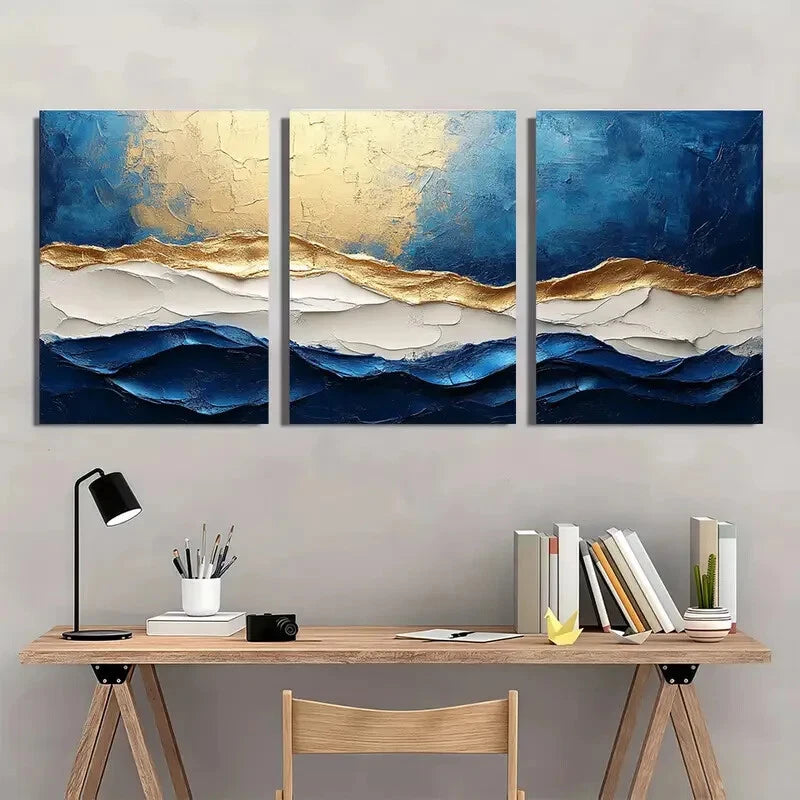 3pcs Blue Abstract Painting Blue Minimalist Metal Print Ready to Hang Art - Bella Home Decor