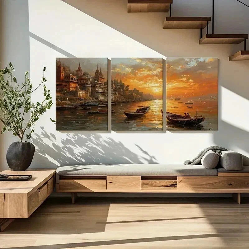 3pcs Sunset Cityscape with Golden Sky Reflection Wall Art Set Canvas Framed 40x60cm - High Quality Print 100% Australian Made Wall Canvas Ready to Hang - Bella Home Decor
