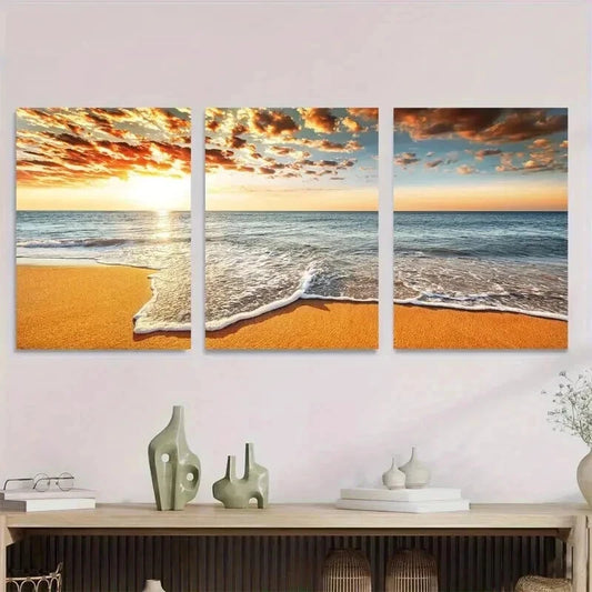 3pcs Beach Sunset Vibrant Sunset Painting Wall Art Set Canvas Framed 50x70cm - High Quality Print 100% Australian Made Wall Canvas Ready to Hang