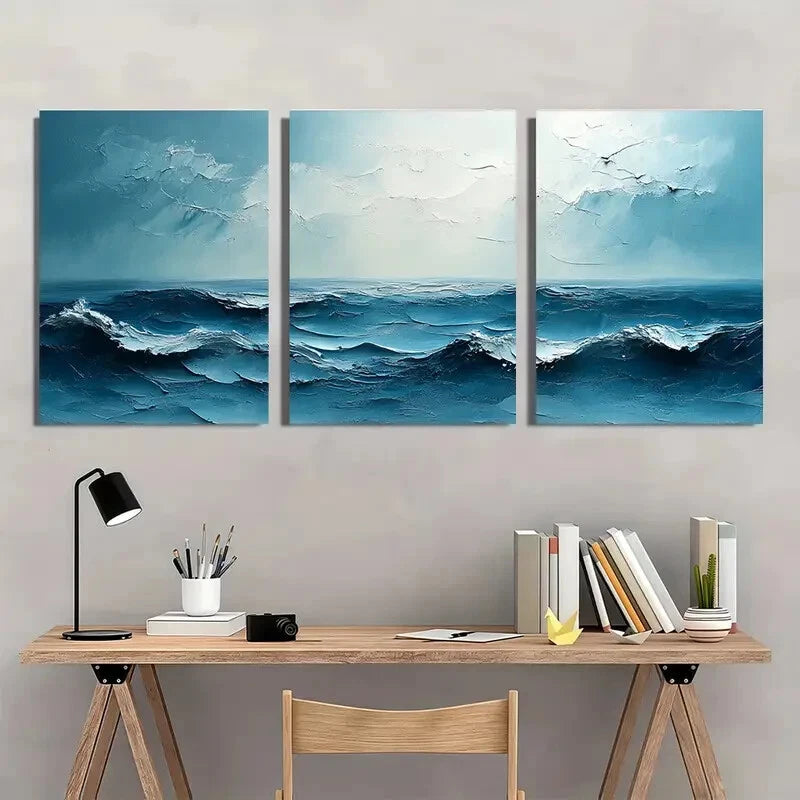 3pcs Abstract Ocean Waves Decorative Painting Metal Print Ready to Hang Art - Bella Home Decor