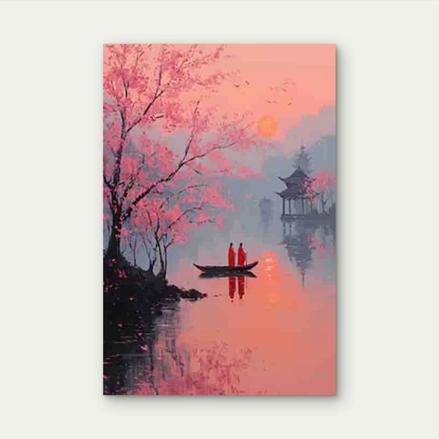 Japanese-Inspired Serene Sunset on Lake Metal Print Ready to Hang