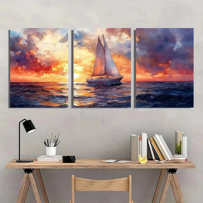 3pcs Nautical Sailboat Watercolor Seascape Metal Print Ready to Hang Art