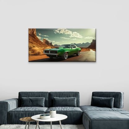 Green Car Drove Desert Road Wall Art Canvas Office Home Room Framed 120x60cm