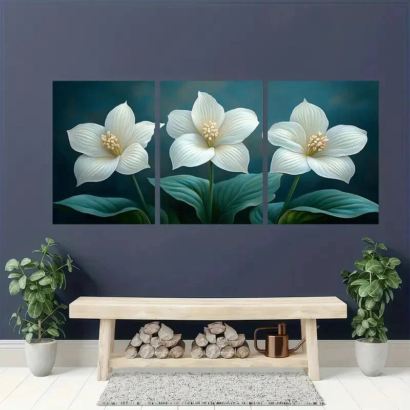 3pcs White Hosta Flower Painting Garden Art Metal Print Ready to Hang Art