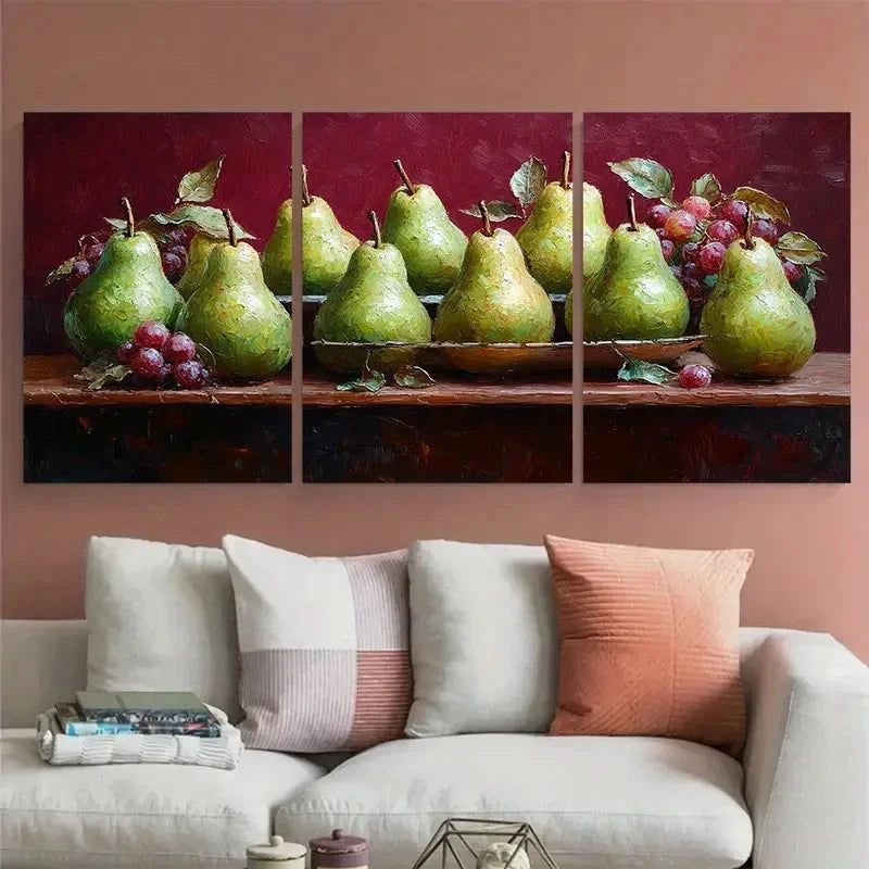 3pcs Life of Green Pears on a Maroon Background Wall Art Set Canvas Framed 50x70cm - High Quality Print 100% Australian Made Wall Canvas Ready to Hang - Bella Home Decor