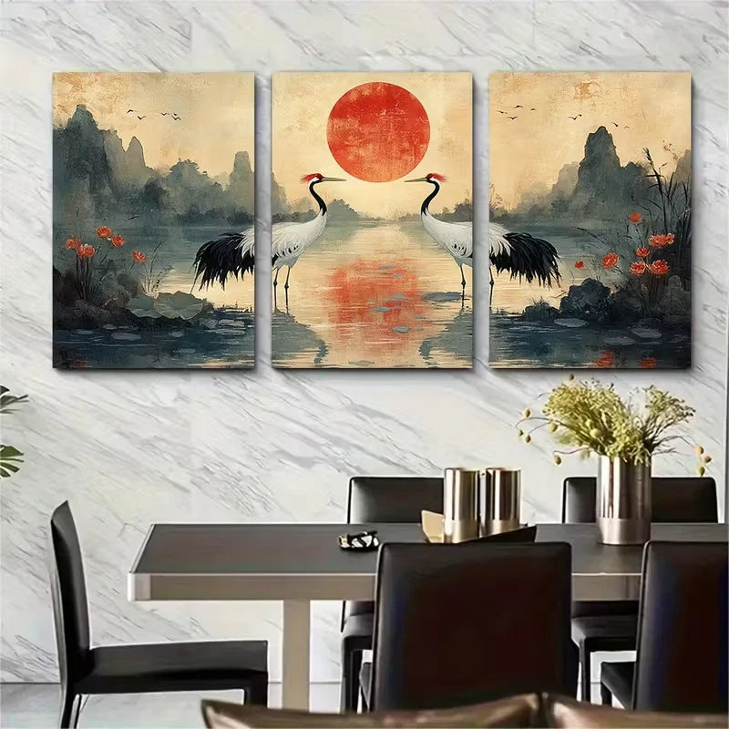 3pcs Cranes by Lake with Traditional Landscape Metal Print Ready to Hang Art - Bella Home Decor