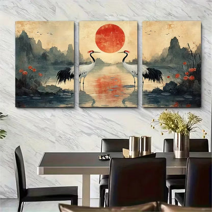 3pcs Cranes by Lake with Traditional Landscape Metal Print Ready to Hang Art - Bella Home Decor