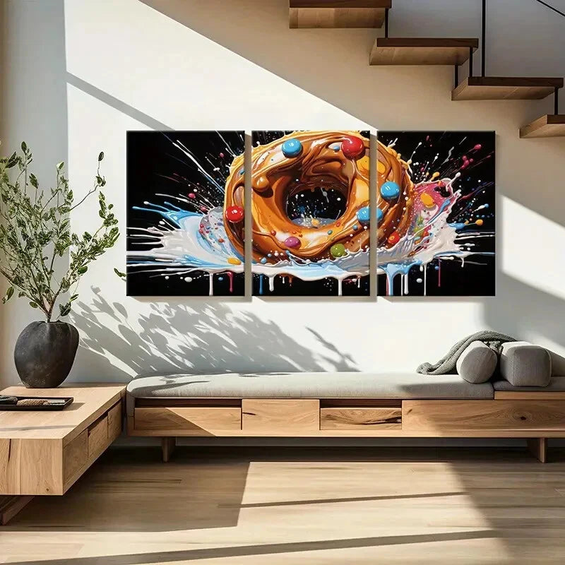 3pcs Creative Donut Art Colorful Splash Abstract Metal Print Ready to Hang Art - Bella Home Decor