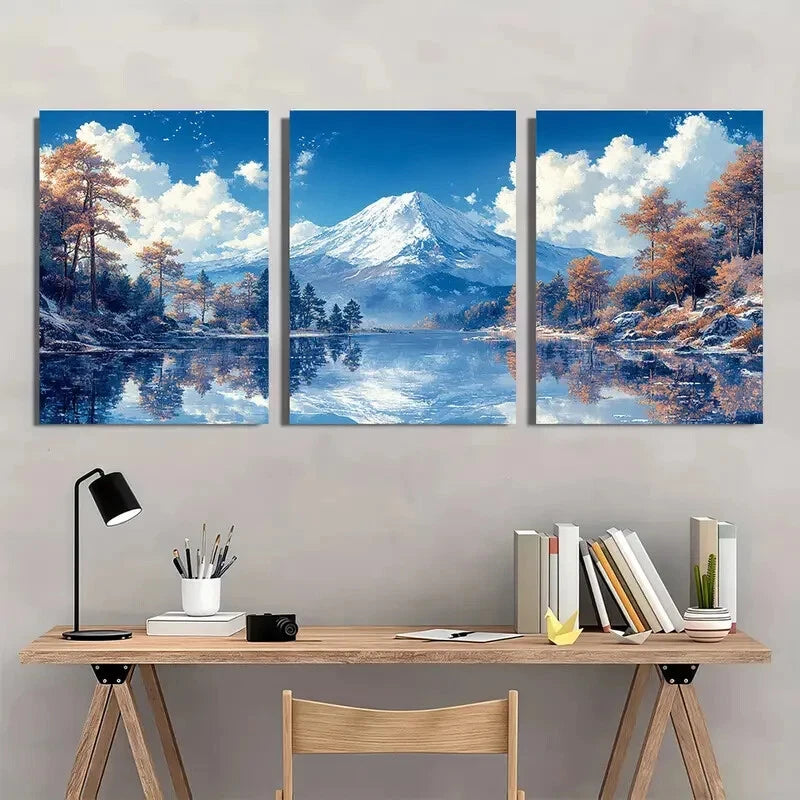 3pcs Snowy Mount Fuji & Autumn Forest Scenes Metal Print Ready to Hang Art - Bella Home Decor