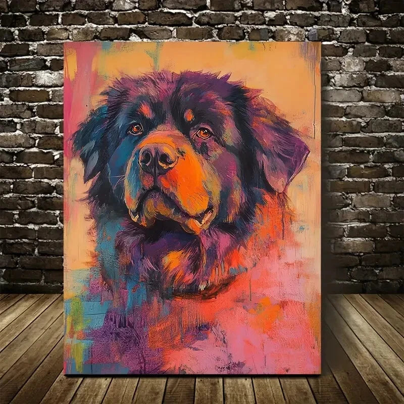 Cute Tibetan Mastiff Dog Among Flowers Painting 40x60cm Metal Print Ready to Hang - Bella Home Decor