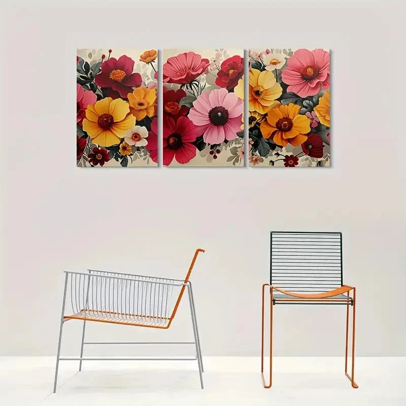 3pcs Vibrant Flowers Painting Metal Print Ready to Hang Art