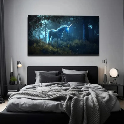 Blue Glowing Unicorn in Forest Wall Art Canvas Office Home Room Framed 120x60cm - Bella Home Decor